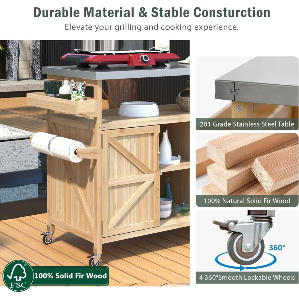 grill cart with stainless steel tabletop - outdoor storage cabinet for bbq, bar patio kitchen island with ample storage and lock