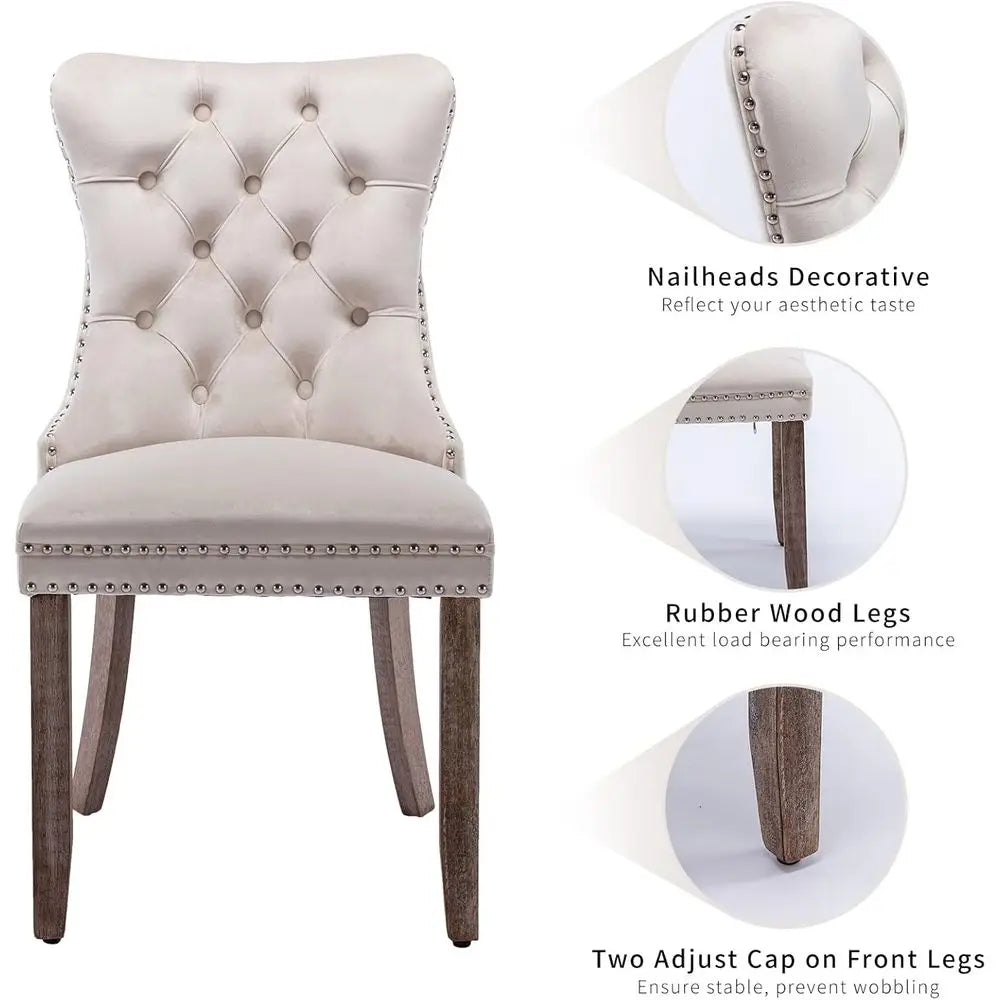 Set Of 4 Velvet High-Back Dining Chairs With Pull Rings