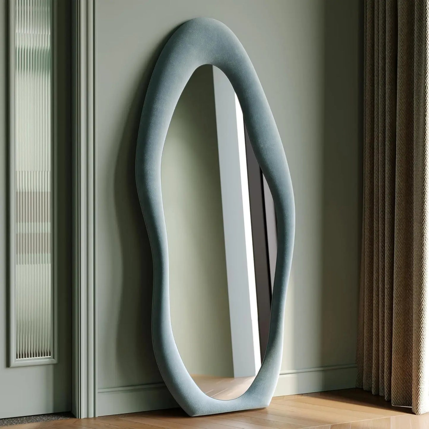 Irregular Wave Mirror With Wooden Frame For Wall Or Leaning