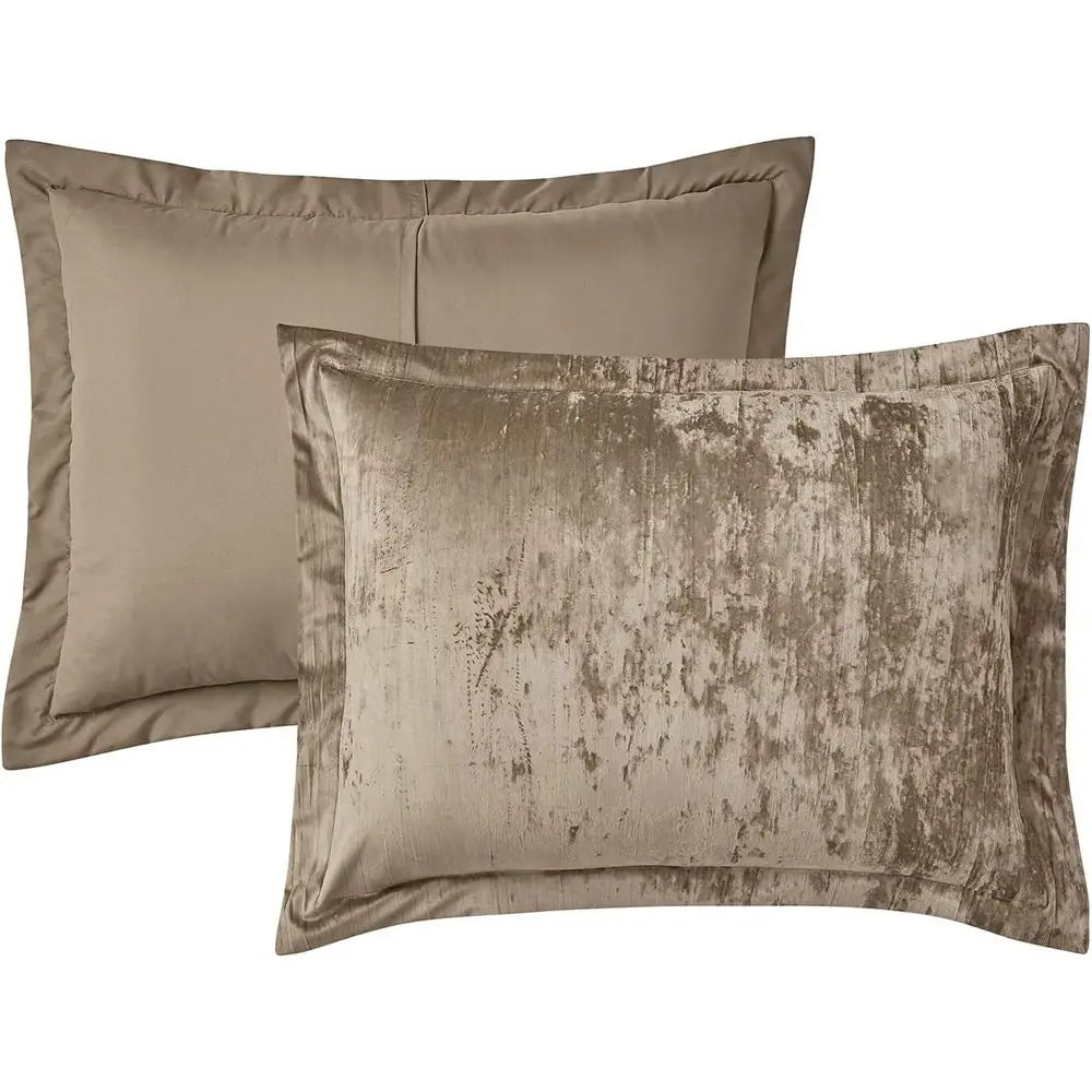 3-Piece Khaki King Crinkle Velvet Comforter Set with Brushed Microfiber Reverse