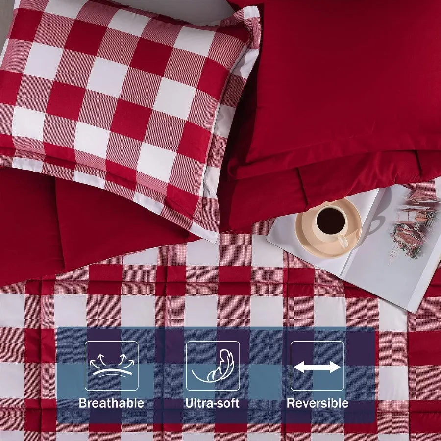 King Size Lightweight Plaid Comforter Set with 2 Pillow Shams - Red/White Plaid Down Alternative Reversible 3-Piece Set