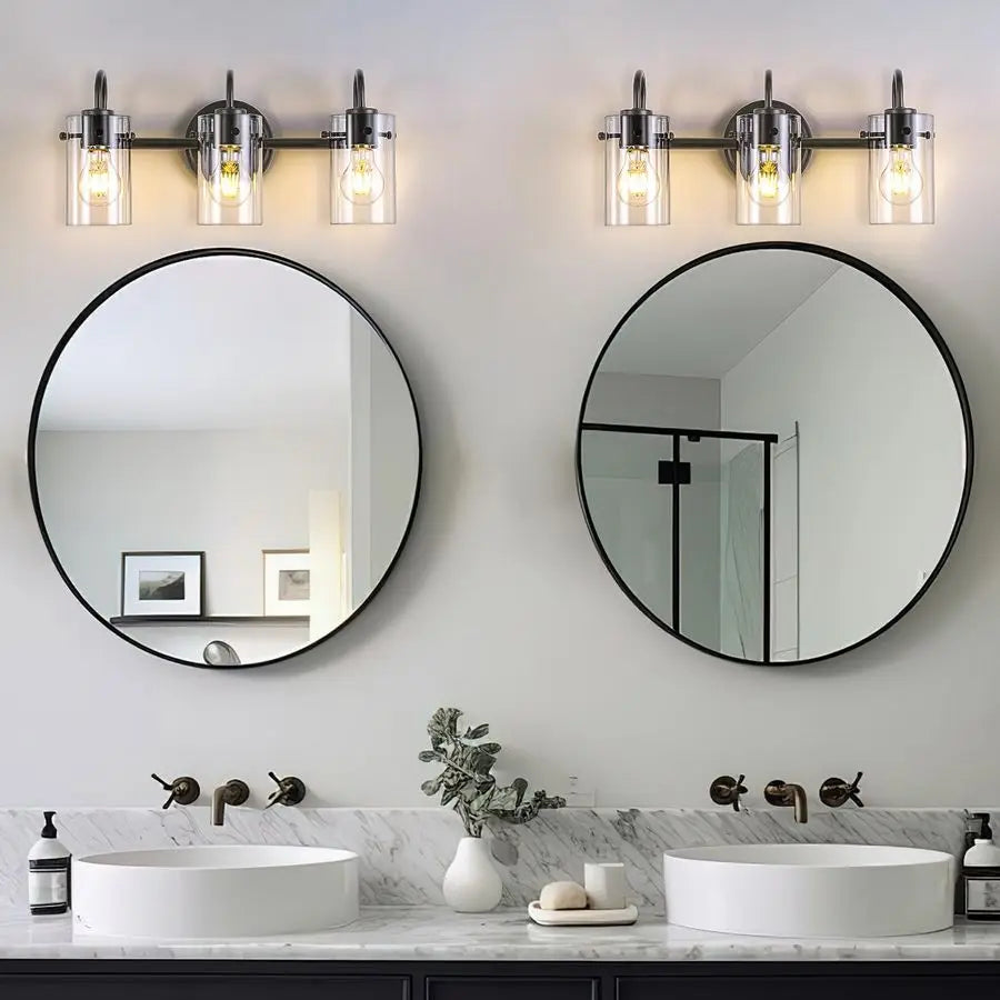Lights Vanity Lights, Matte Black Bathroom Wall Light Fixtures over Mirror, Modern Wall Sconce with Clear Glass Shade, Farmhouse