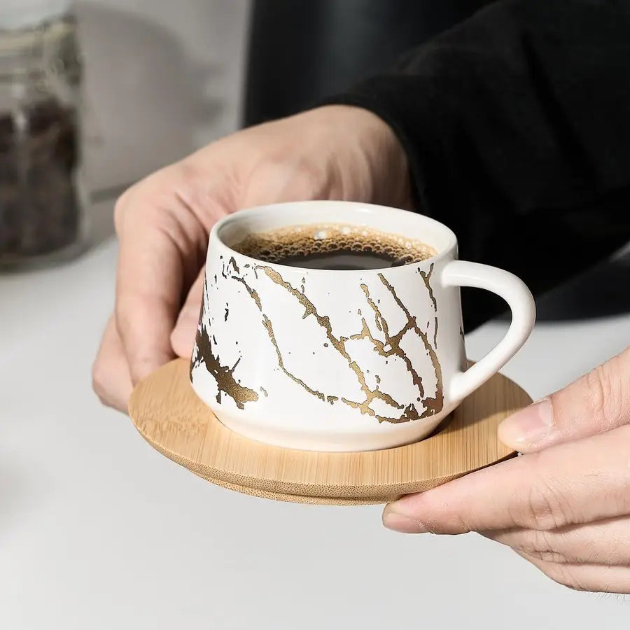 Ceramic Espresso Cups with Saucers and Metal Stand, Small 4 oz Porcelain Demitasse Cups Set of 6, Cute Cappuccino Coffee Cups fo