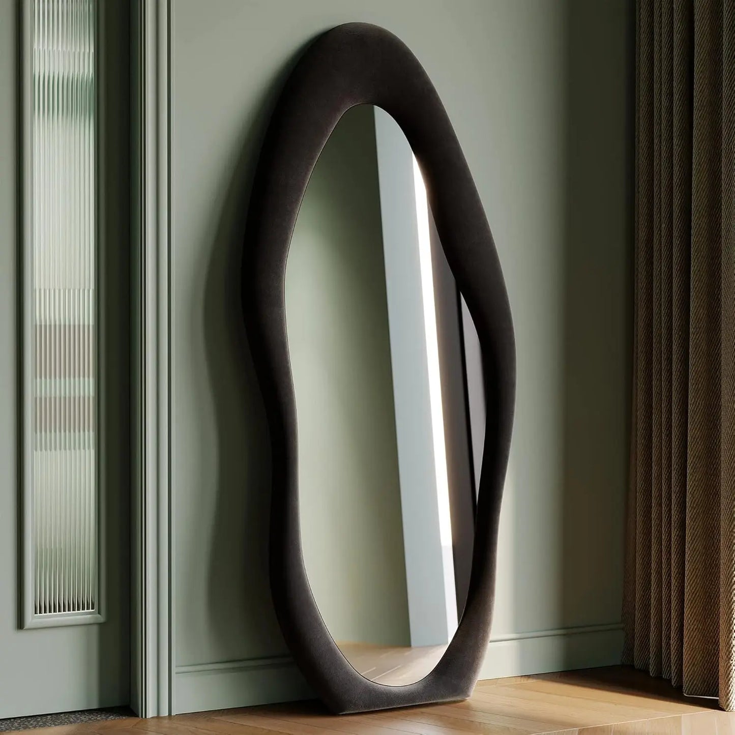 Irregular Wave Mirror With Wooden Frame For Wall Or Leaning