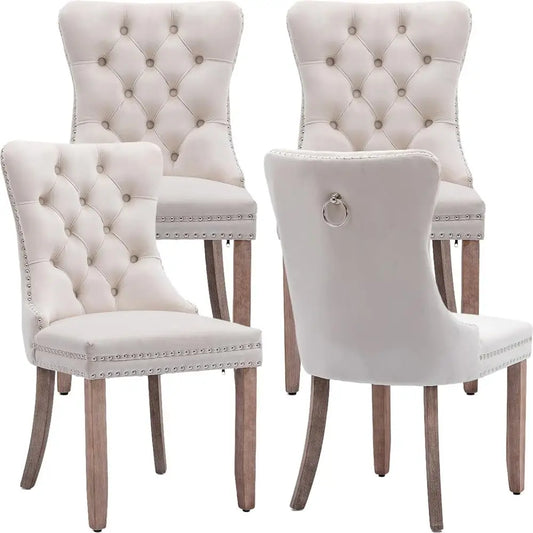 Set Of 4 Velvet High-Back Dining Chairs With Pull Rings