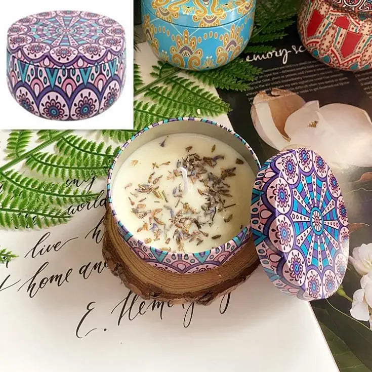 Scented Soy Wax Candle With Dried Flowers In Iron Jar