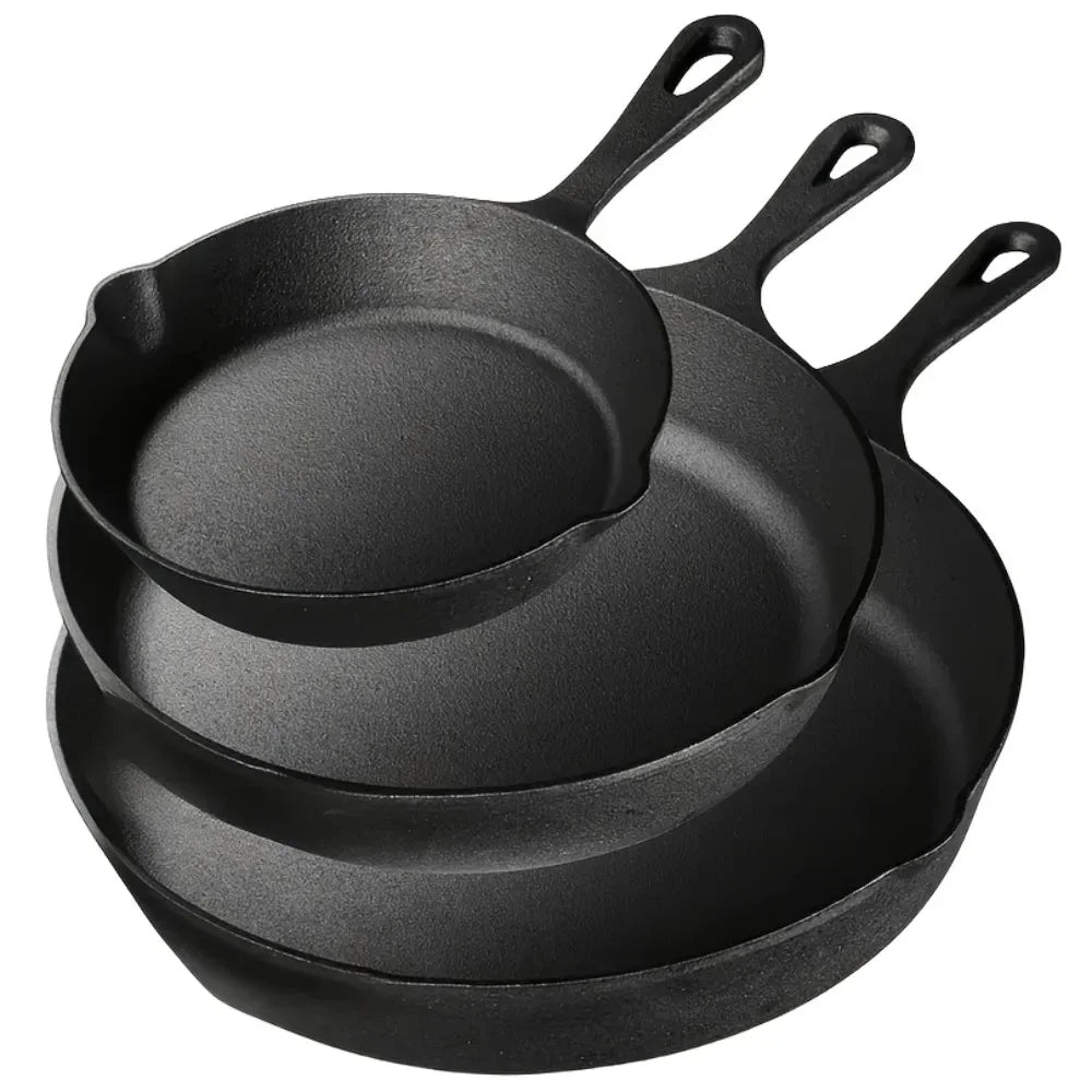 3PCS Cast Iron Skillet Set (6/8/10 Inch), Pre-Seasoned Heavy-Duty Pans for Oven, Grill & Campfire, Non-Stick Even Heat
