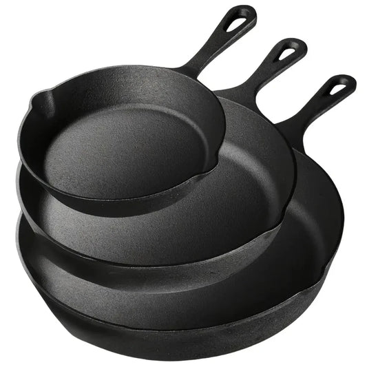 3PCS Cast Iron Skillet Set (6/8/10 Inch), Pre-Seasoned Heavy-Duty Pans for Oven, Grill & Campfire, Non-Stick Even Heat