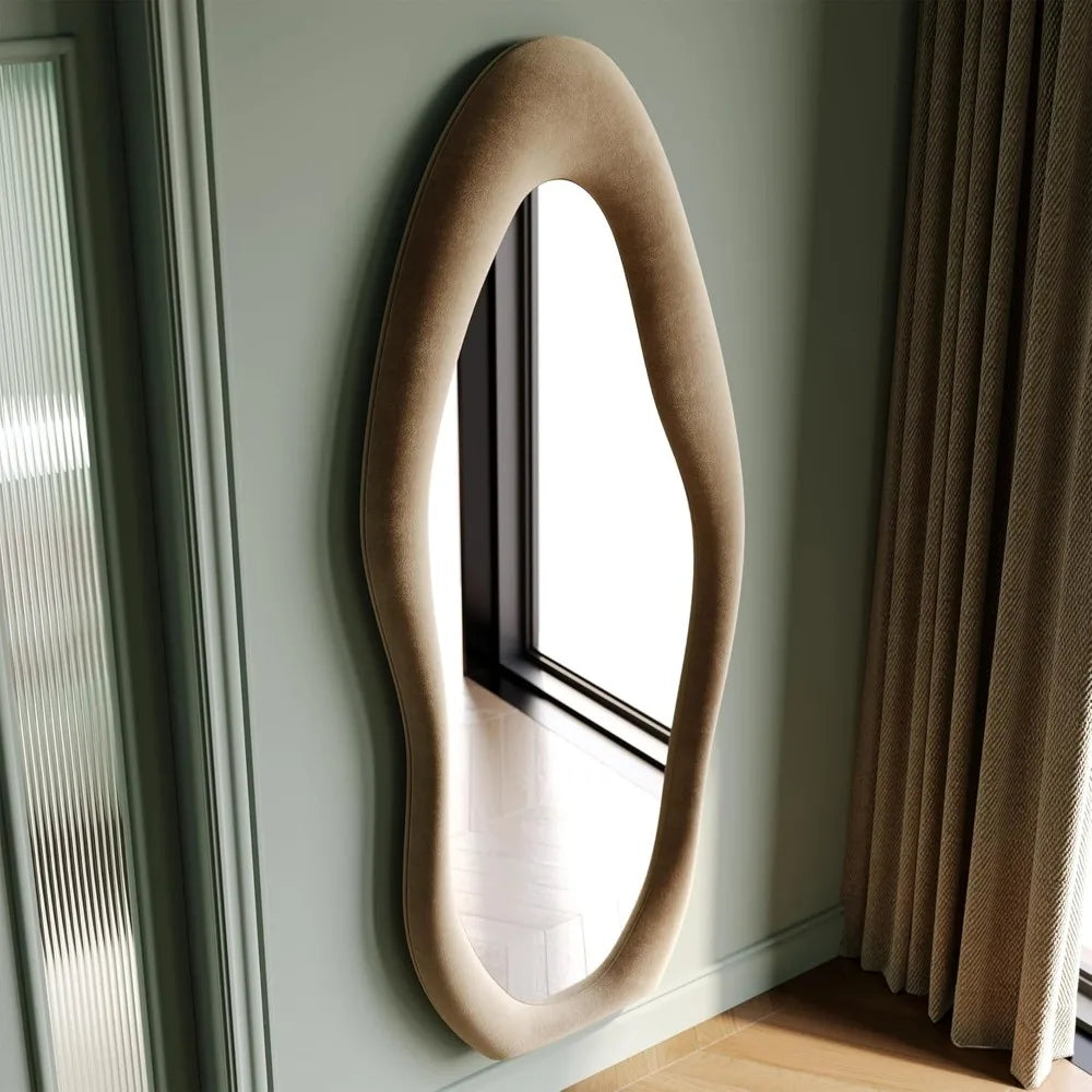 Irregular Wave Mirror With Wooden Frame For Wall Or Leaning
