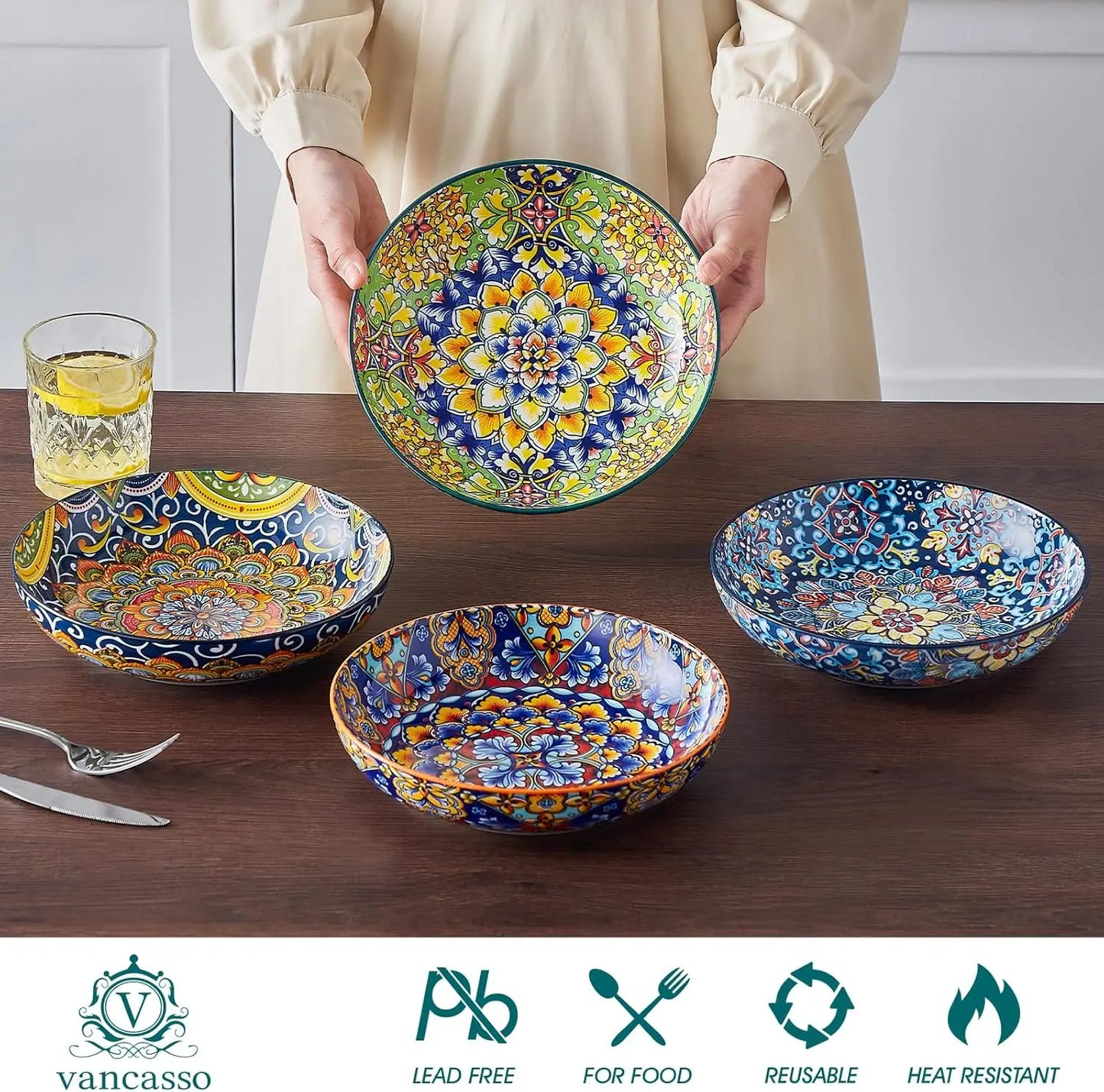 Ceramic Pasta Bowls Set of 4 Bohemian Pattern Designs