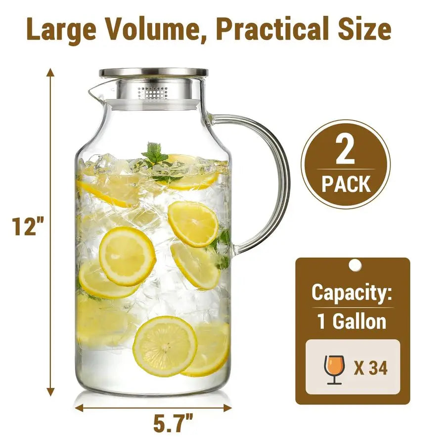 Pack 1 Gallon thickened Glass Pitcher with Lid and Spout, Borosilicate Glass Carafe for Hot Cold Drink, Water Pitchers for Fridg
