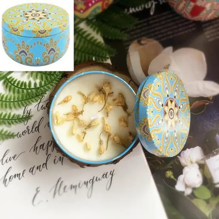 Scented Soy Wax Candle With Dried Flowers In Iron Jar