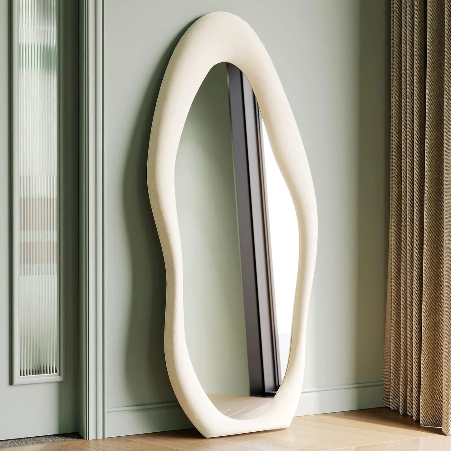 Irregular Wave Mirror With Wooden Frame For Wall Or Leaning