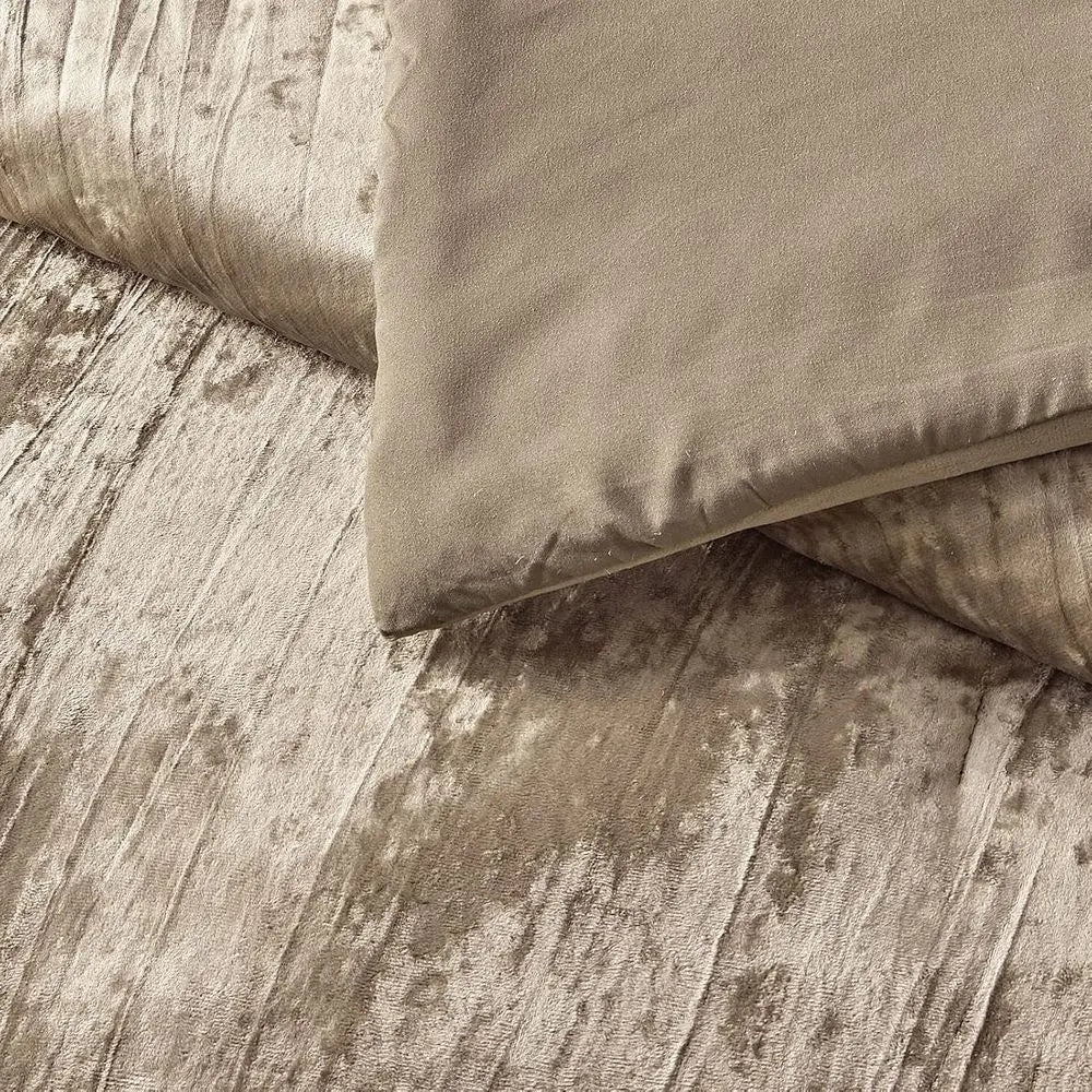 3-Piece Khaki King Crinkle Velvet Comforter Set with Brushed Microfiber Reverse