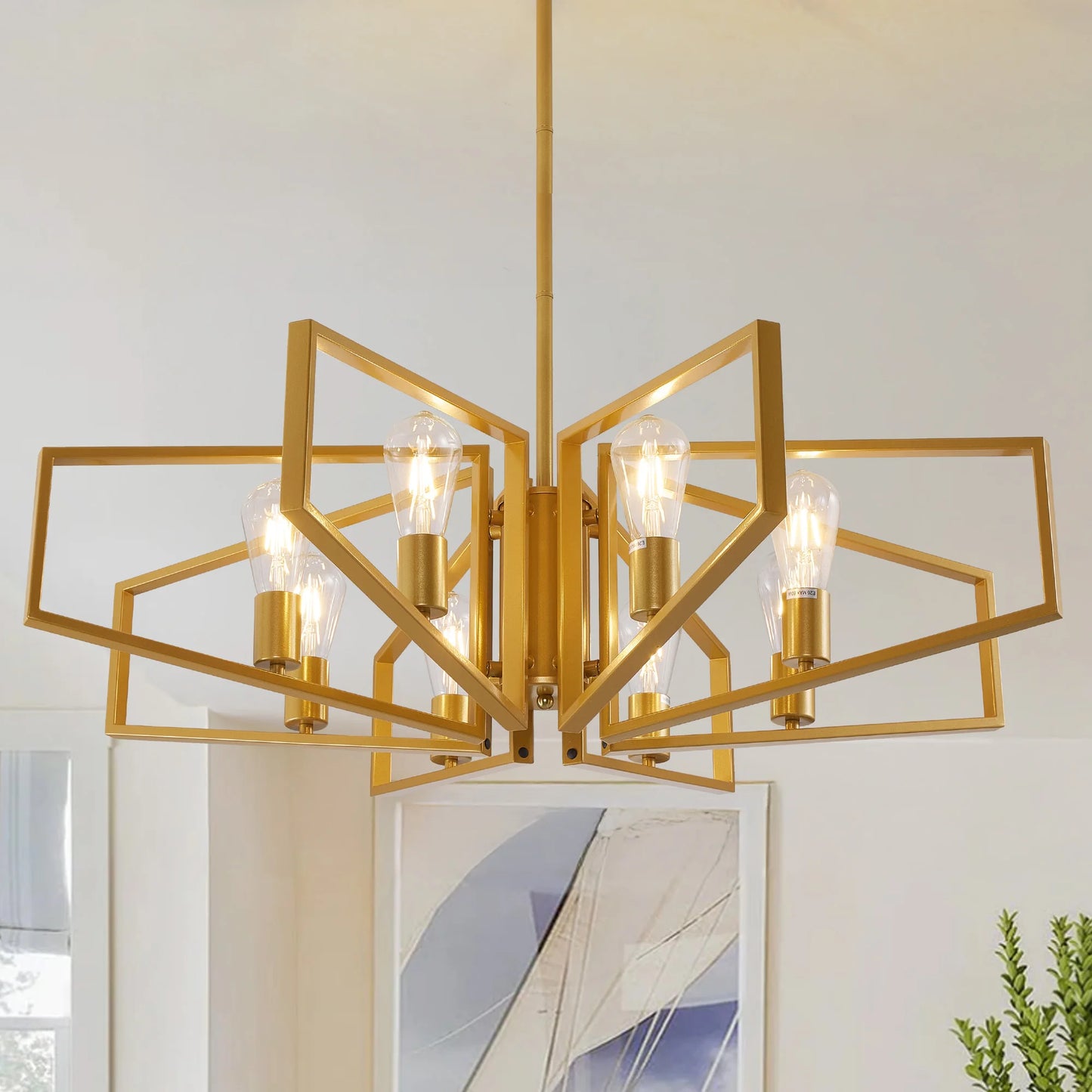 Modern 8-Light Geometric Chandelier Adjustable Height Metal Pendant Light