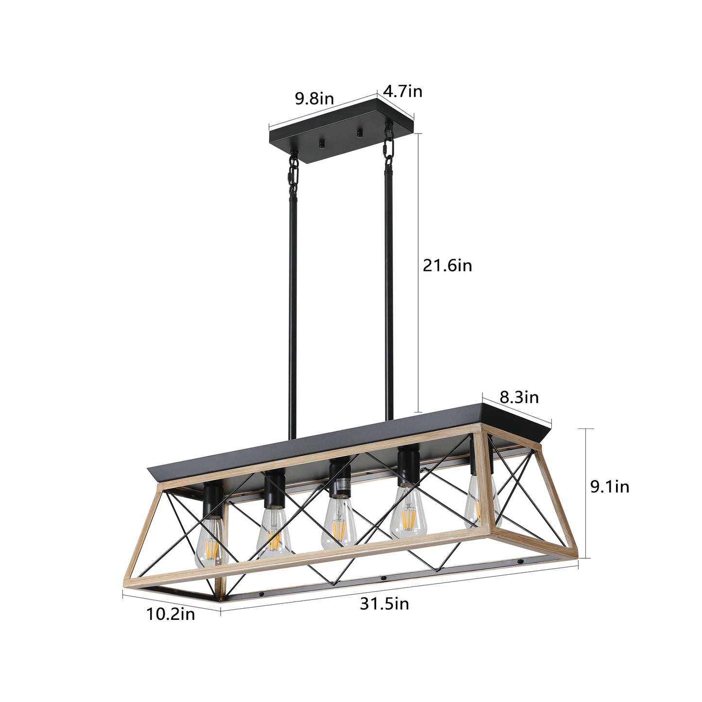 Farmhouse Chandeliers for Dining Room, 5-Light Rustic Kitchen Island Lighting, Adjustable Height Pendant Light Oak (No Bulbs)