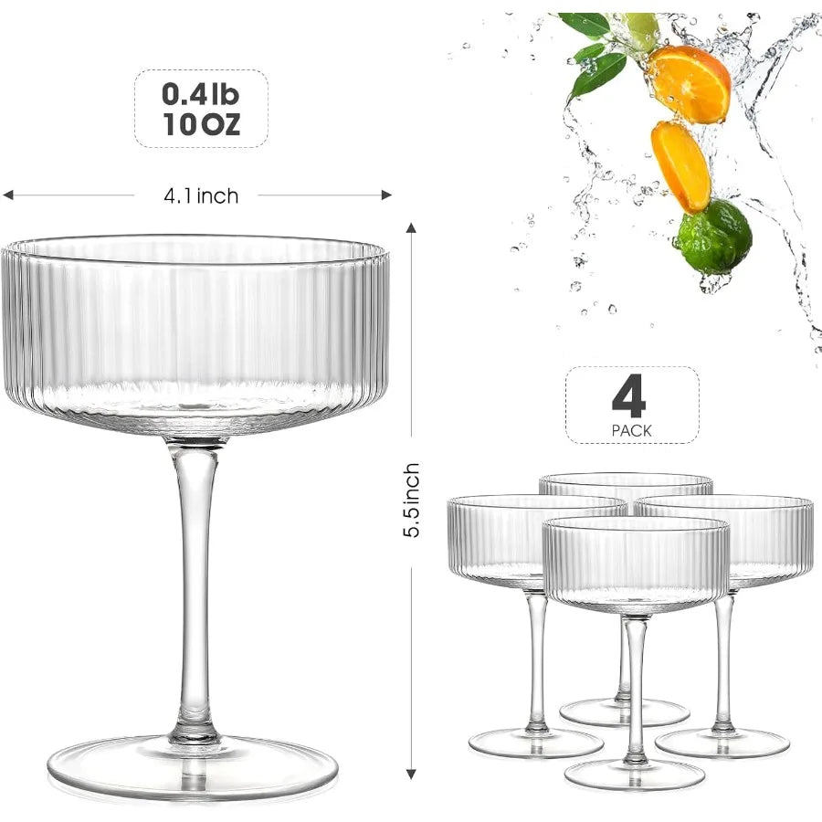 Hand-blown 10 oz Vintage Cocktail Glasses Set of 4 with Ribbed Design for Espresso Martini Champagne Cosmopolitan Manhattan Ele