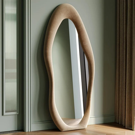 Irregular Wave Mirror With Wooden Frame For Wall Or Leaning