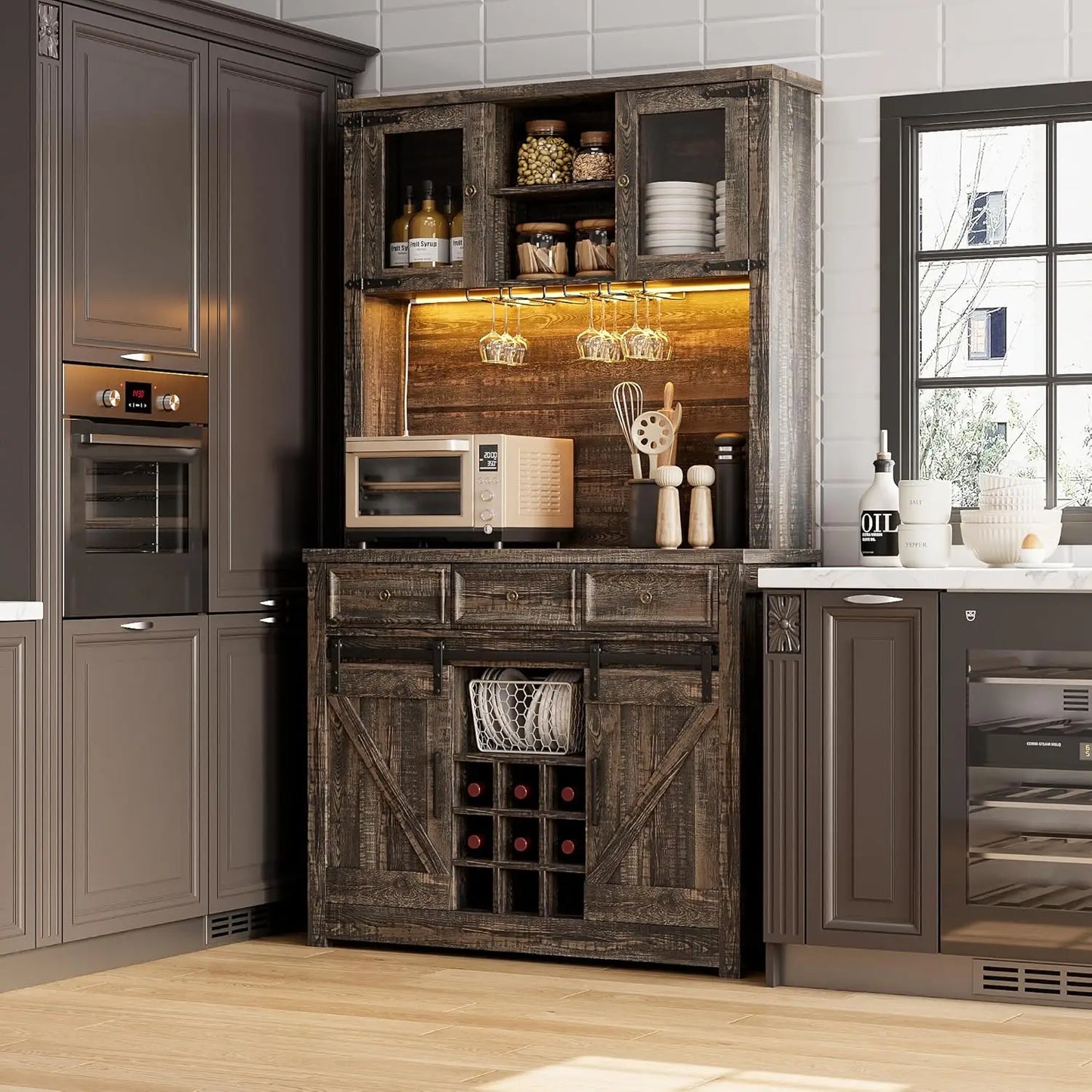 71" Coffee Bar Cabinet with Power Outlet & LED Light,Tall Kitchen Bar Cabinets with Storage Drawers & Wine Dispaly Rack