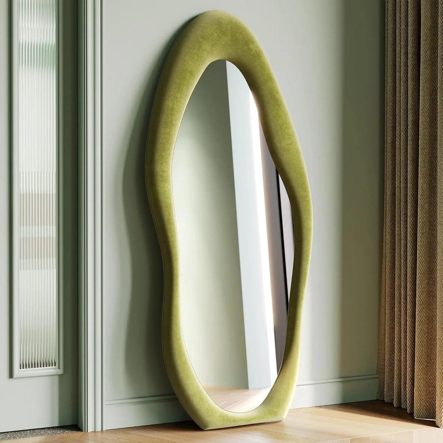 Irregular Wave Mirror With Wooden Frame For Wall Or Leaning