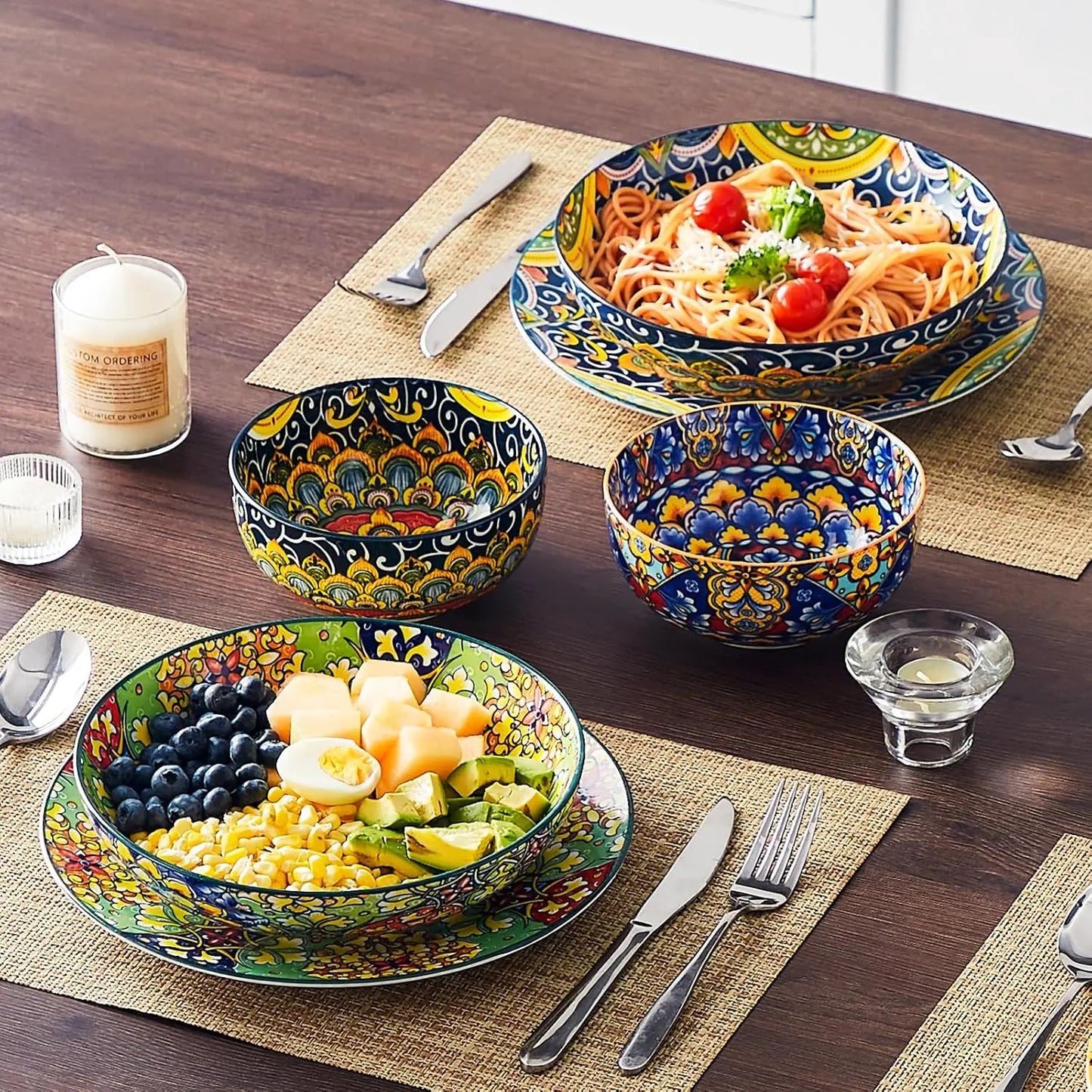 Ceramic Pasta Bowls Set of 4 Bohemian Pattern Designs
