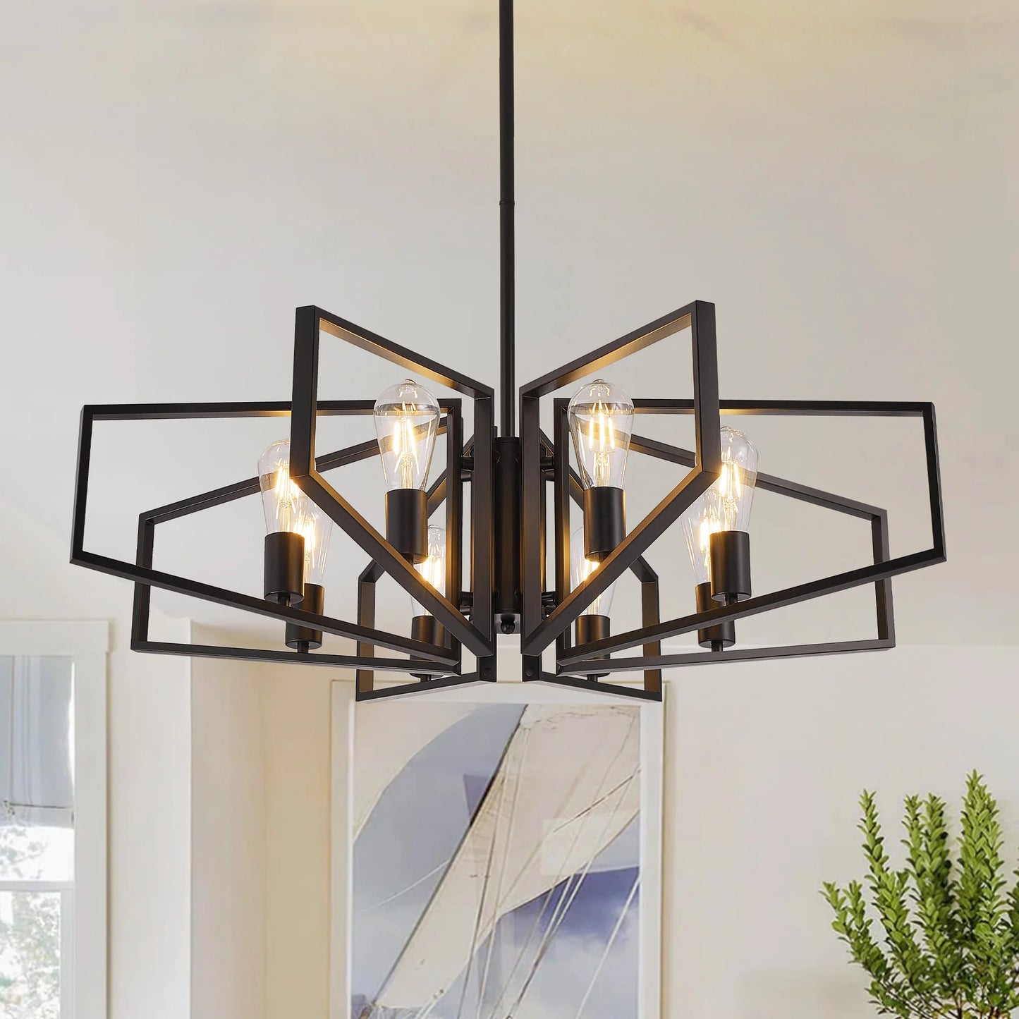 Modern 8-Light Geometric Chandelier Adjustable Height Metal Pendant Light