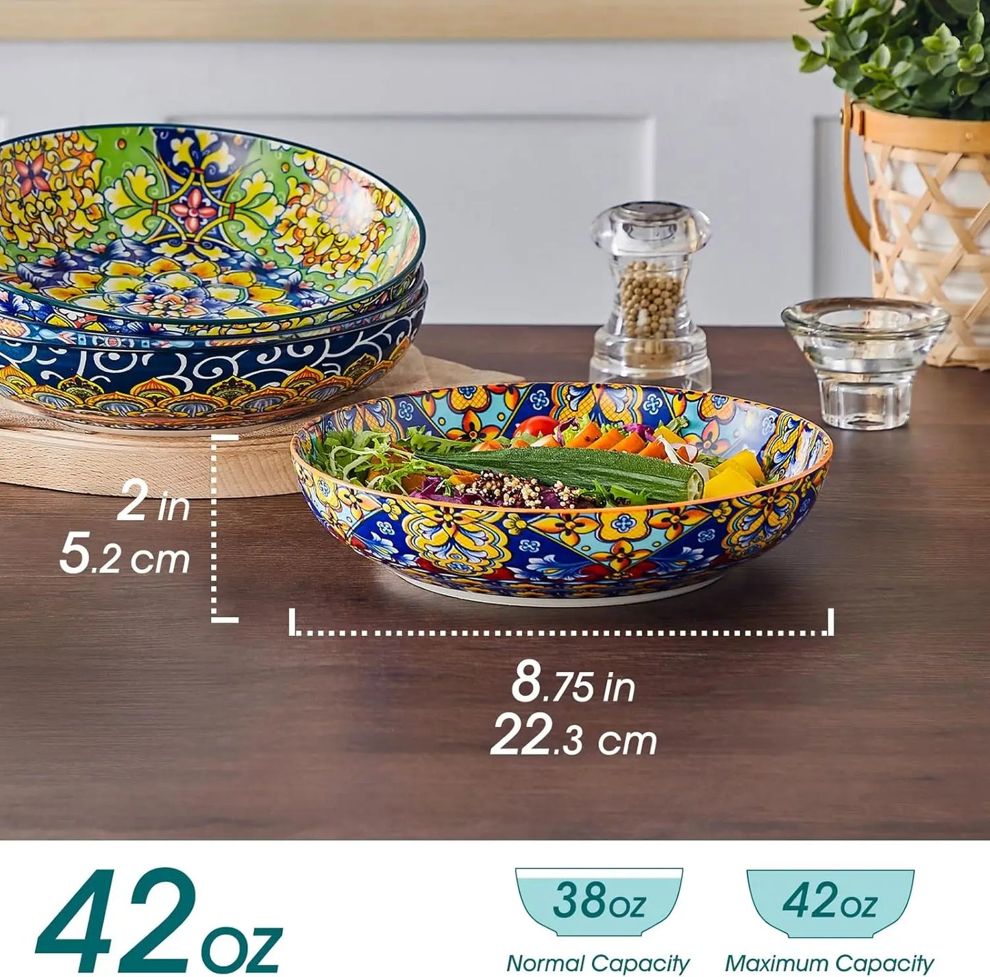 Ceramic Pasta Bowls Set of 4 Bohemian Pattern Designs