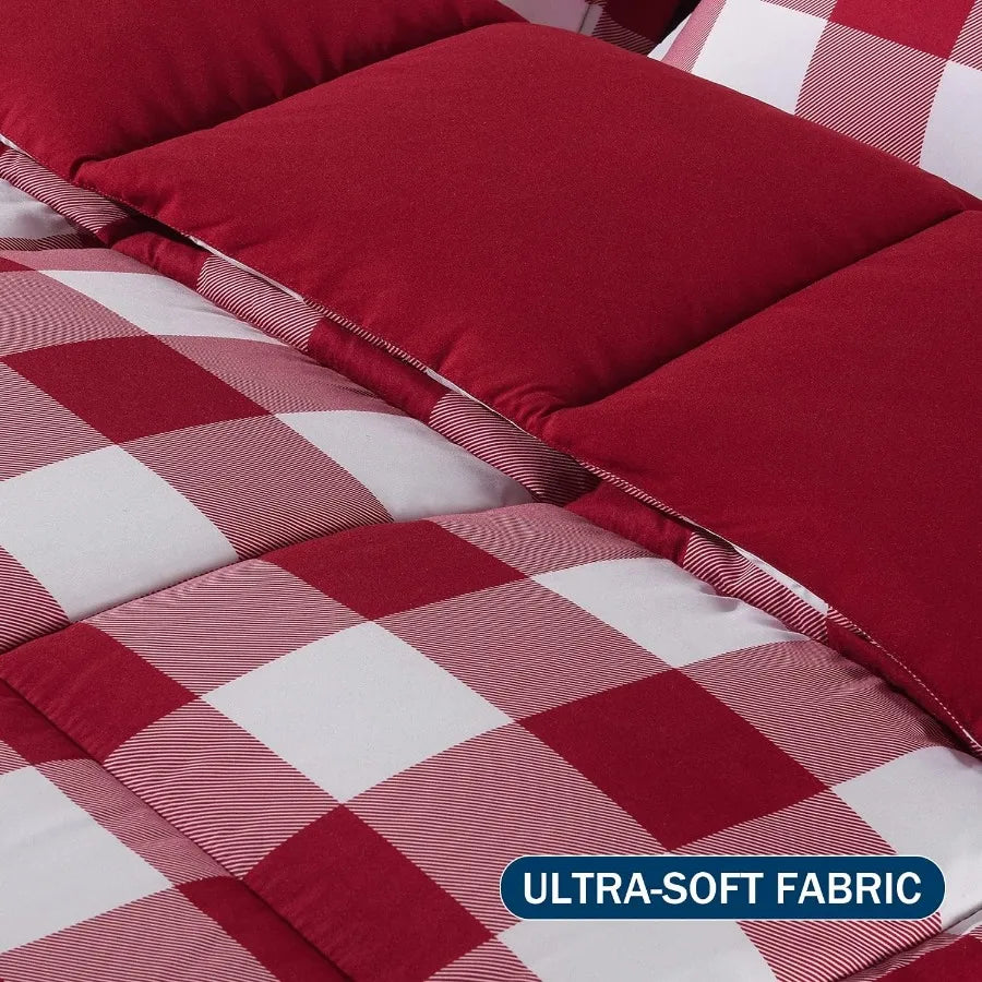 King Size Lightweight Plaid Comforter Set with 2 Pillow Shams - Red/White Plaid Down Alternative Reversible 3-Piece Set
