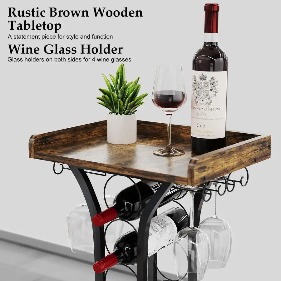 Wine Rack Freestanding Floor, Mini Bar Table Wine Holder Stand Liquor Cabinet with Glass Holder Wood Tabletop 14 Bottles Floor