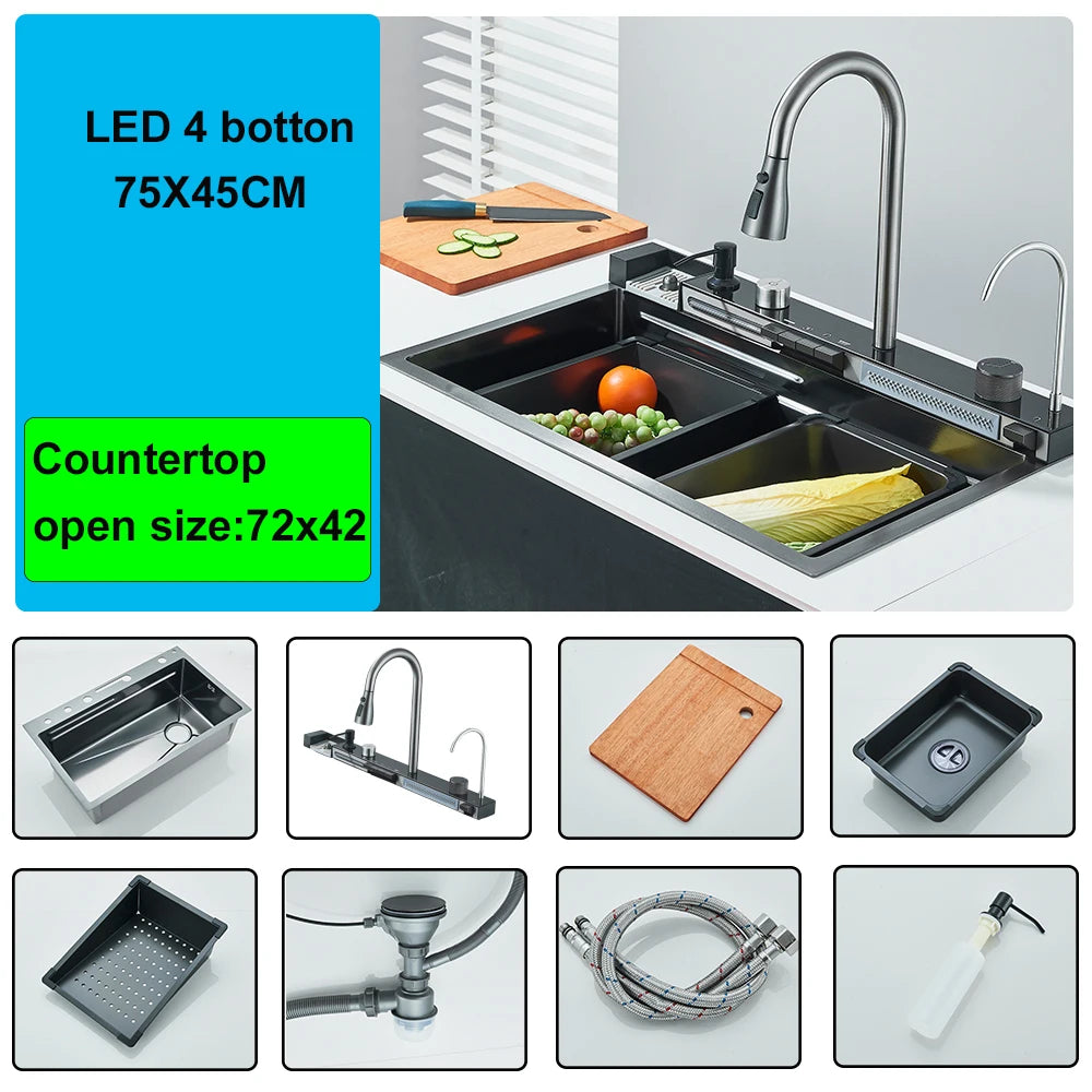 304 Stainless Steel Waterfall Kitchen Sink Large Single Slot Integrated Digital Display Faucet Set Soap Dispenser Cup Washer