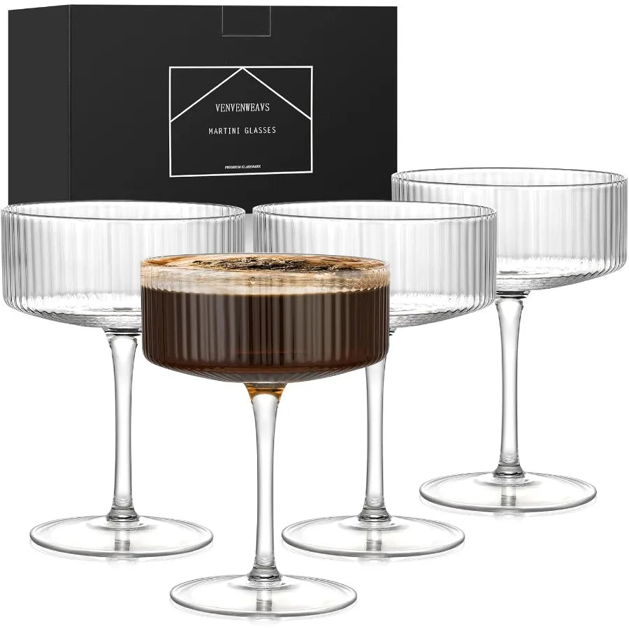 Hand-blown 10 oz Vintage Cocktail Glasses Set of 4 with Ribbed Design for Espresso Martini Champagne Cosmopolitan Manhattan Ele