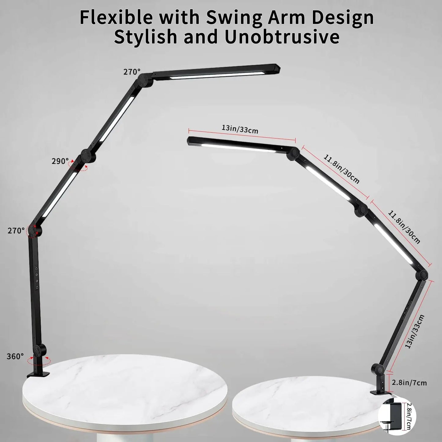 LED Desk Lamp with Clamp Flexible 4 sections Swing Arm Three light sources desk light, 4 Color Modes & 5 Brightness