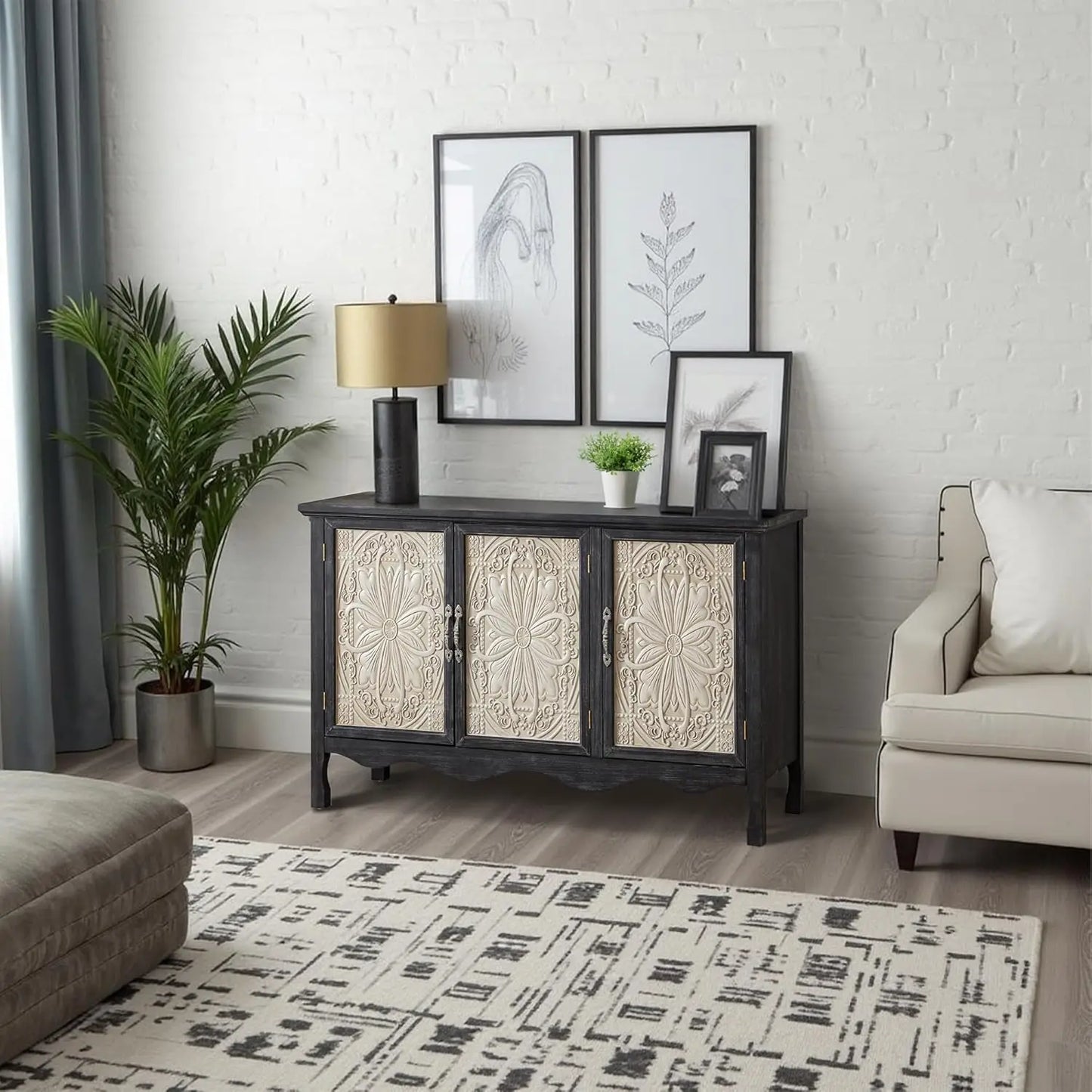 Farmhouse Sideboard Buffet Cabinet, 49' Solid Wood Credenza with 3 Doors for Dining Room, Living Room, Hallway (Provence Black)