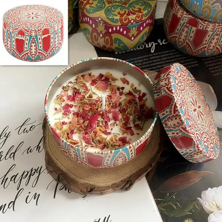 Scented Soy Wax Candle With Dried Flowers In Iron Jar