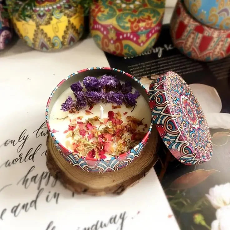 Scented Soy Wax Candle With Dried Flowers In Iron Jar