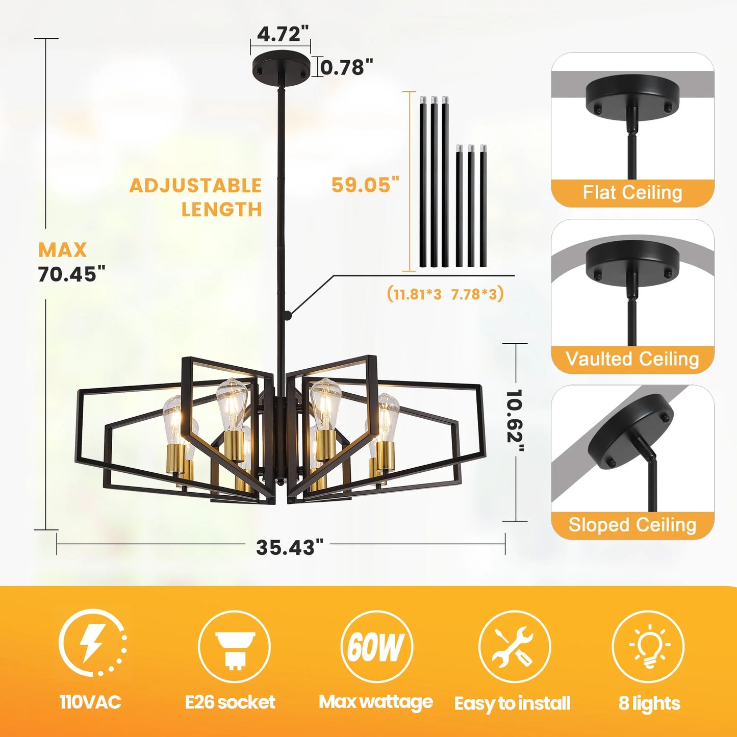 Modern 8-Light Geometric Chandelier Adjustable Height Metal Pendant Light