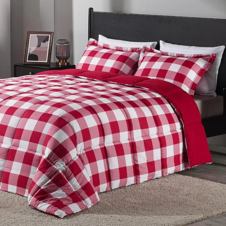King Size Lightweight Plaid Comforter Set with 2 Pillow Shams - Red/White Plaid Down Alternative Reversible 3-Piece Set