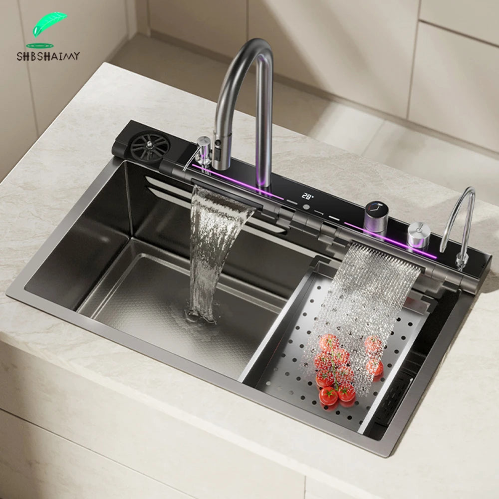 304 Stainless Steel Waterfall Kitchen Sink Large Single Slot Integrated Digital Display Faucet Set Soap Dispenser Cup Washer