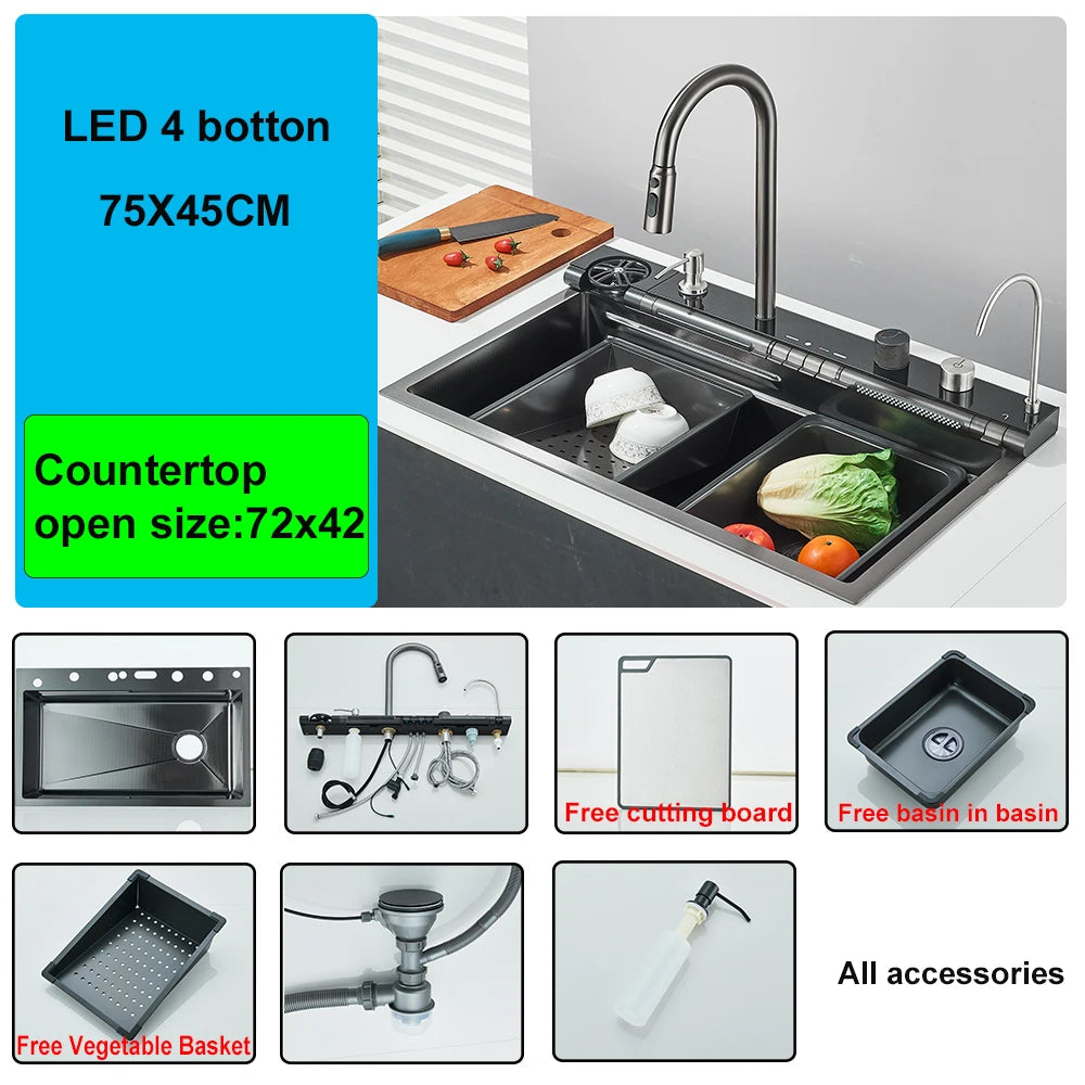 304 Stainless Steel Waterfall Kitchen Sink Large Single Slot Integrated Digital Display Faucet Set Soap Dispenser Cup Washer
