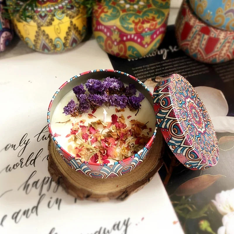 Scented Soy Wax Candle With Dried Flowers In Iron Jar