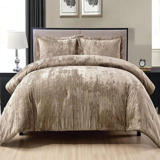 3-Piece Khaki King Crinkle Velvet Comforter Set with Brushed Microfiber Reverse
