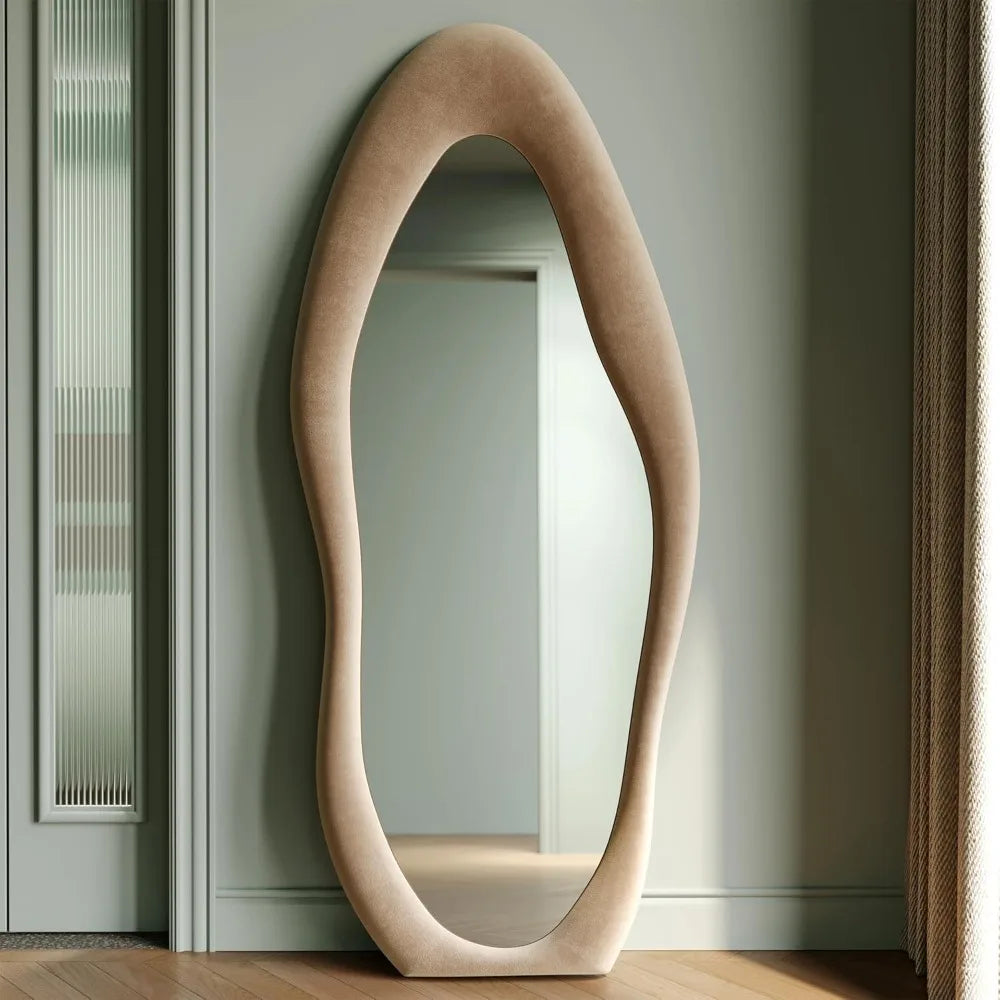 Irregular Wave Mirror With Wooden Frame For Wall Or Leaning
