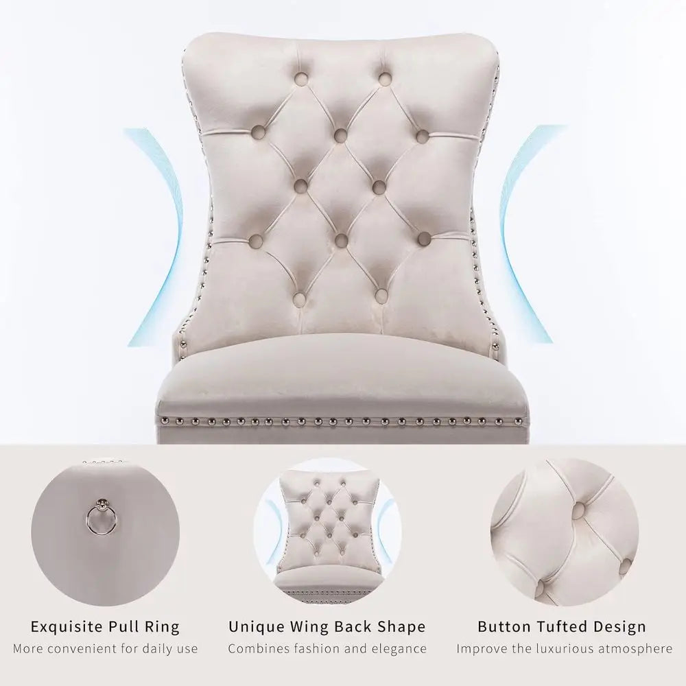 Set Of 4 Velvet High-Back Dining Chairs With Pull Rings