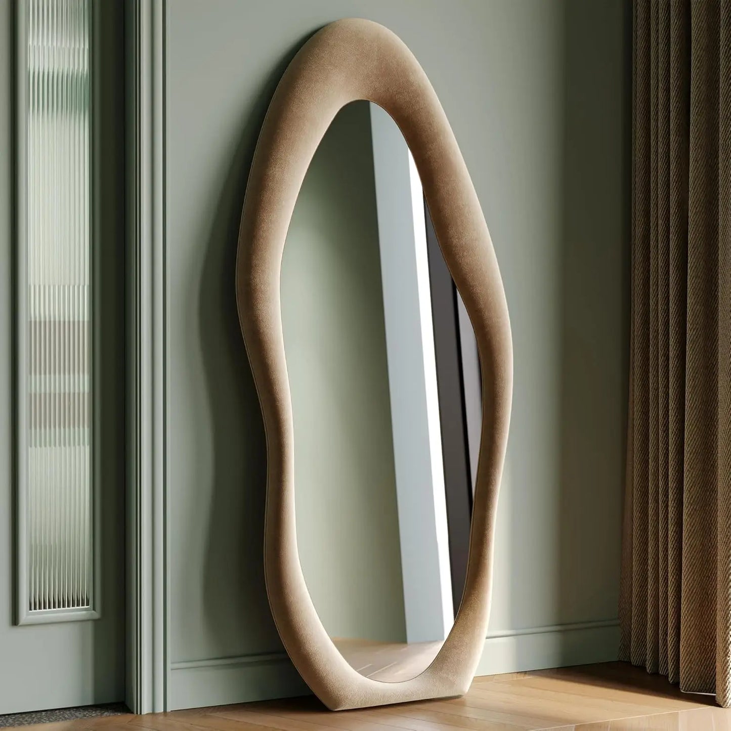 Irregular Wave Mirror With Wooden Frame For Wall Or Leaning