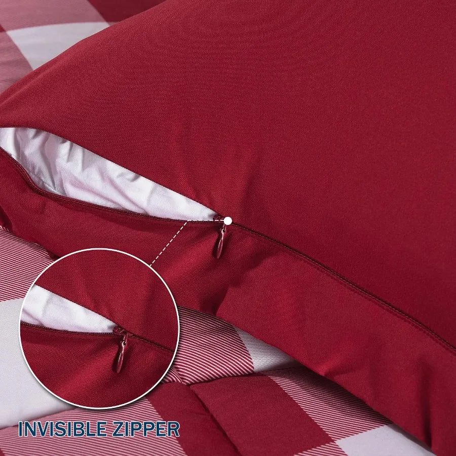 King Size Lightweight Plaid Comforter Set with 2 Pillow Shams - Red/White Plaid Down Alternative Reversible 3-Piece Set