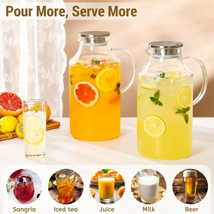 Pack 1 Gallon thickened Glass Pitcher with Lid and Spout, Borosilicate Glass Carafe for Hot Cold Drink, Water Pitchers for Fridg