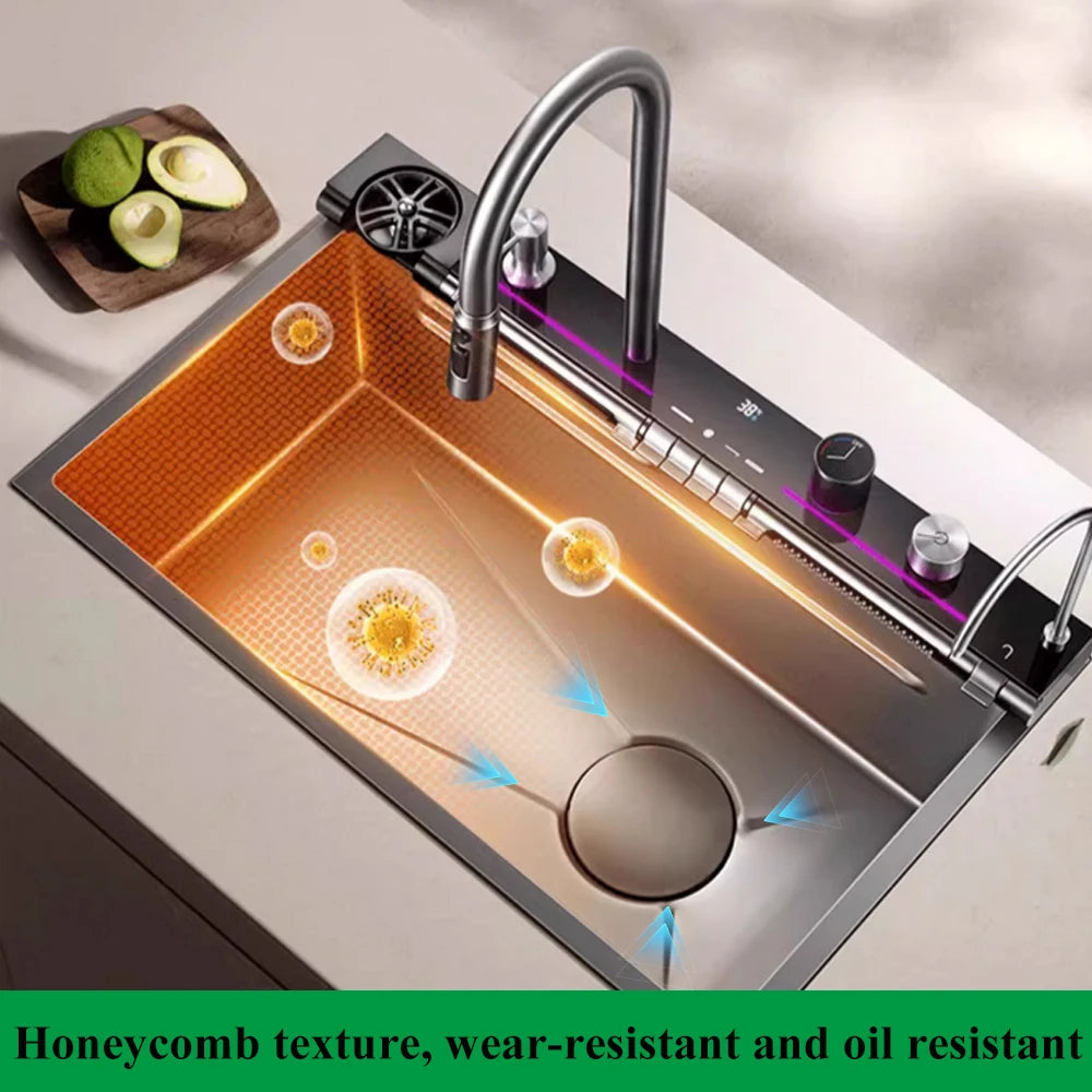 304 Stainless Steel Waterfall Kitchen Sink Large Single Slot Integrated Digital Display Faucet Set Soap Dispenser Cup Washer