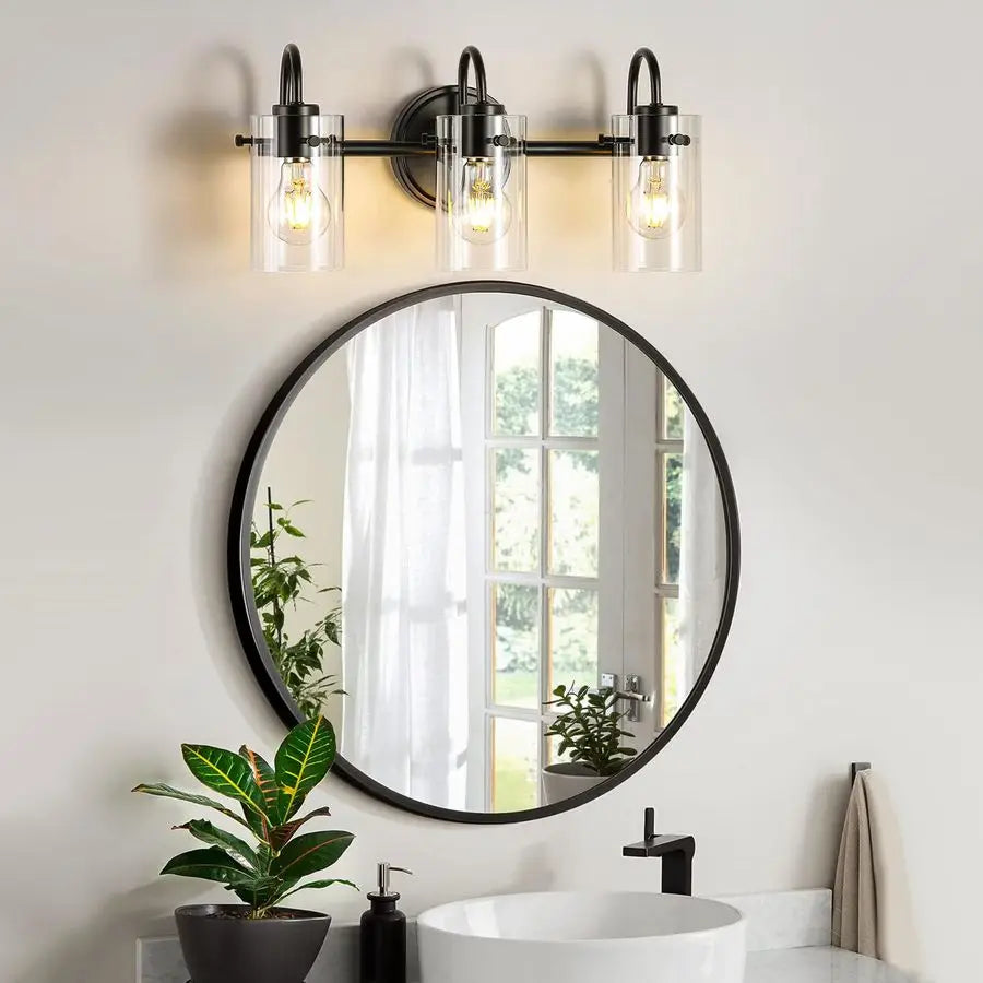 Lights Vanity Lights, Matte Black Bathroom Wall Light Fixtures over Mirror, Modern Wall Sconce with Clear Glass Shade, Farmhouse