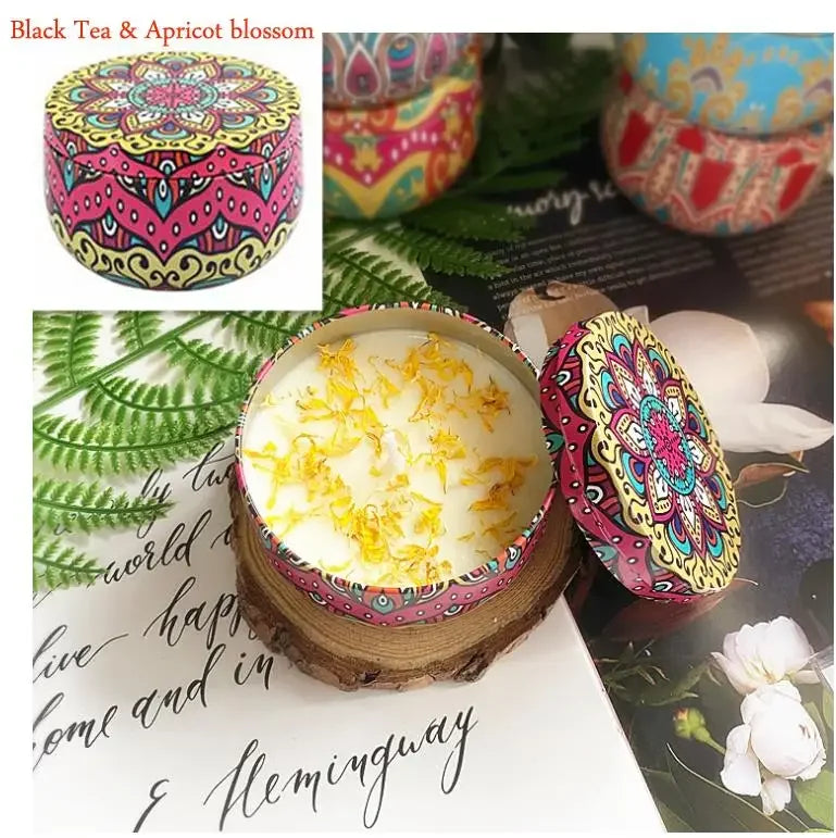 Scented Soy Wax Candle With Dried Flowers In Iron Jar