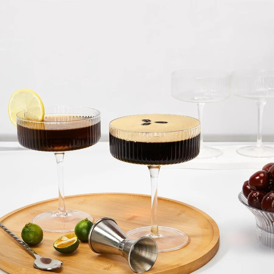 Hand-blown 10 oz Vintage Cocktail Glasses Set of 4 with Ribbed Design for Espresso Martini Champagne Cosmopolitan Manhattan Ele